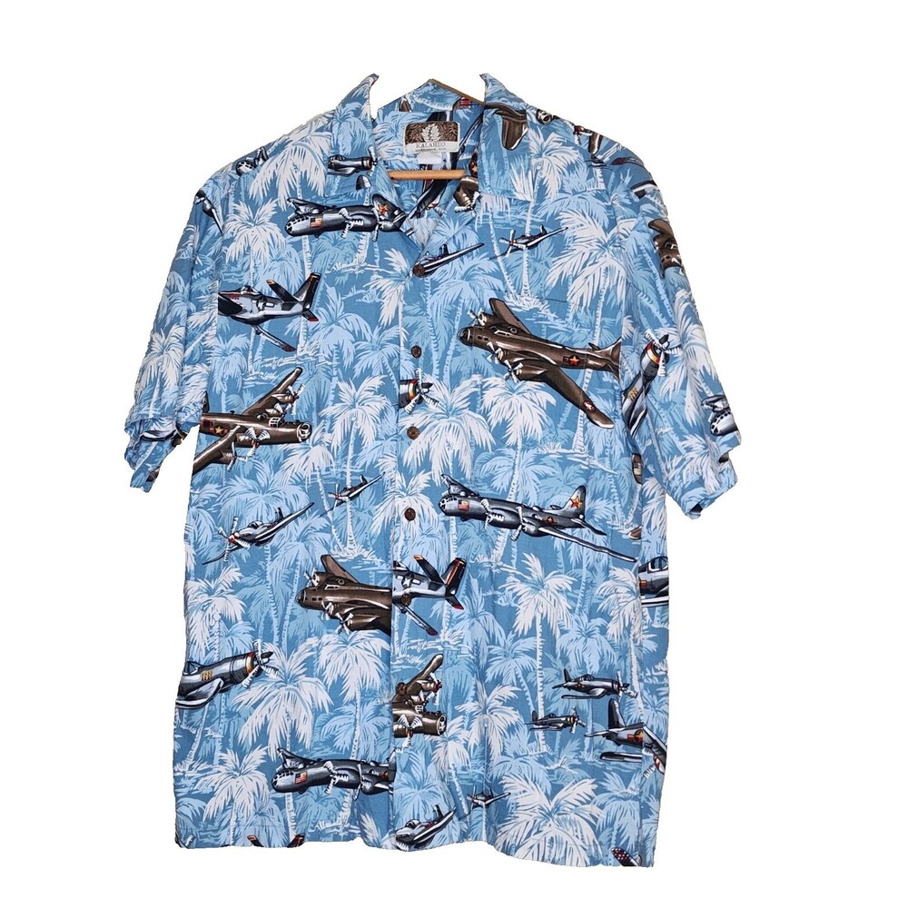 Kalaheo Hawaiian Shirt Fighter Planes Blue men's size large